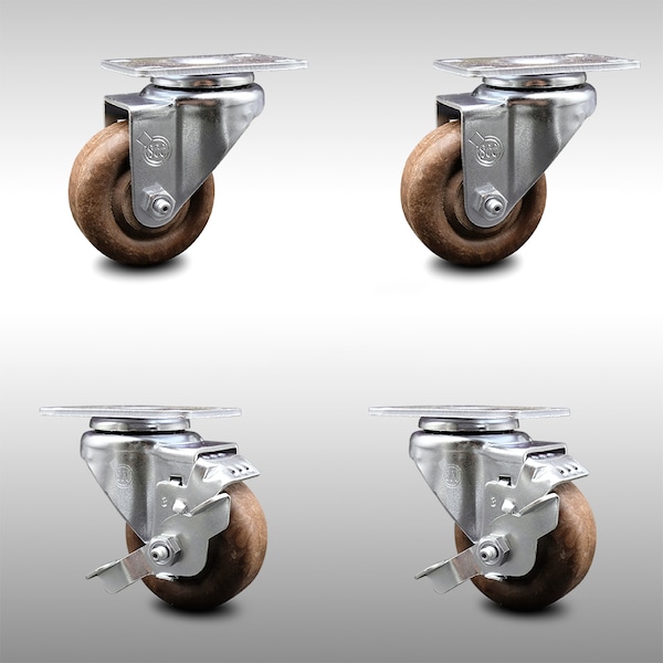 3 Inch SS High Temp Glass Filled Nylon Swivel Top Plate Caster Set with 2 Brakes